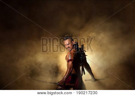 Ancient warrior man of soldier of Bang Rachan District Thailand hold sword ready fighter