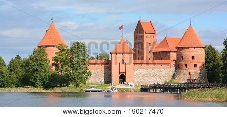 TRAKAI LITHUANIA SEPTEMBER 14 2015: Trakai Island Castle is an island castle located in Trakai, Lithuania on an island in Lake Galve. The castle is sometimes referred to as 