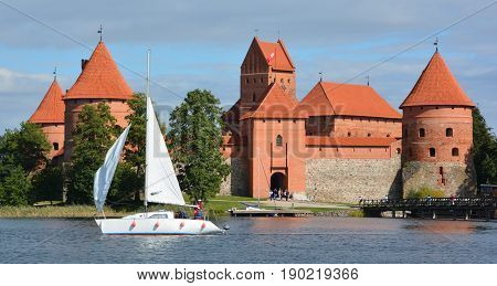 TRAKAI LITHUANIA SEPTEMBER 14 2015: Trakai Island Castle is an island castle located in Trakai, Lithuania on an island in Lake Galve. The castle is sometimes referred to as 
