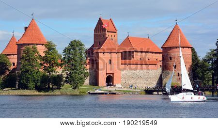 TRAKAI LITHUANIA SEPTEMBER 14 2015: Trakai Island Castle is an island castle located in Trakai, Lithuania on an island in Lake Galve. The castle is sometimes referred to as 