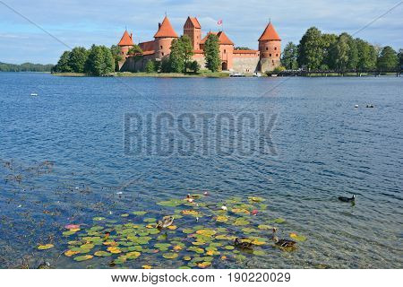 TRAKAI LITHUANIA SEPTEMBER 14 2015: Trakai Island Castle is an island castle located in Trakai, Lithuania on an island in Lake Galve. The castle is sometimes referred to as 