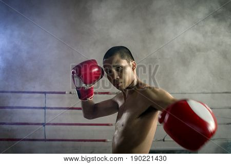 Boxer action Professional Muay Thai a strong ready for the fight in the fight of Muay Thai. This is a Martial art of Thailand and the world. Muay Thai International extreme sport.