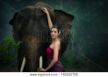 Thai beautiful women in traditional dress and elephant in wild with concept fashion people and elephant To lovers of elephants in Thailand and in the world.