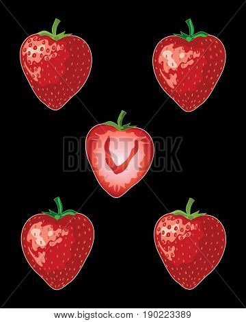 an illustration of ripe red strawberries with green stalks whole and half on a black background