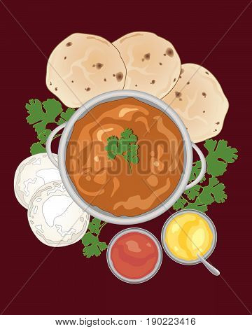 an illustration of a chicken tikka masala with indian breads and sauces on a dark red background
