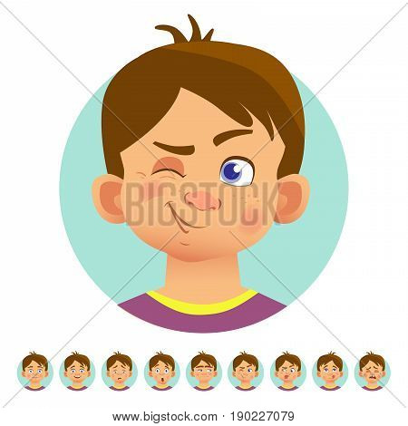 Set of human emotions. Facial expression. Set of emoticons. Wink