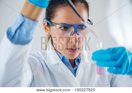 Laboratory Technician With Micro Pipette, Toned Image, Indoors, One Person Only