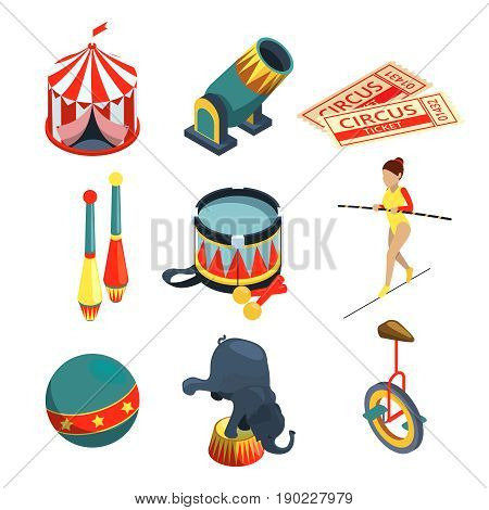 Funny circus illustrations in cartoon style. Lion trainer, clowns juggling balls. Vector pictures set. Circus ball for entertainment and performance