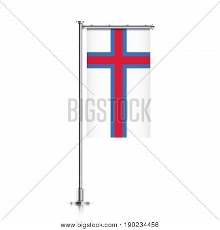 Faroe Islands vector banner flag hanging on a silver metallic pole. Faroe Islands vertical flag template isolated on a white background.