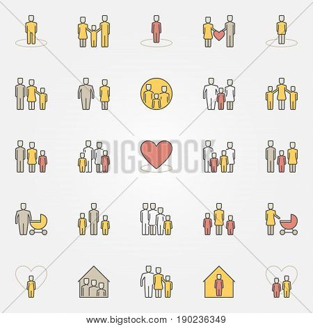 Parents and family colorful icons. Vector mom, dad and their kids creative sigs or design elements