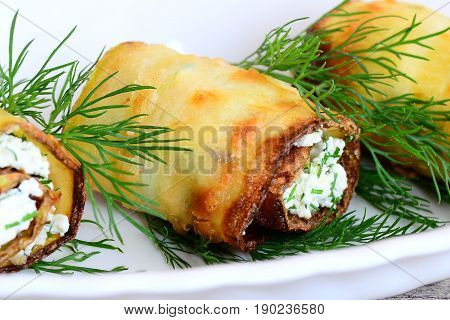 Rolls cooked from zucchini strips and stuffed with cottage cheese and dill. Fried zucchini rolls on a plate. Homemade beautiful starter recipe. Closeup