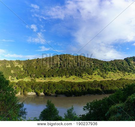 Panoramic beautiful scenery of mountain and river along the way on Whanganui river road in National Park in Autumn Whanganui North Island of New Zealand