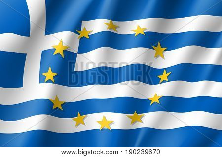 Greece national flag with a circle of European Union twelve gold stars, identity and unity with EU, member since 1 January 1981. Realistic vector style illustration