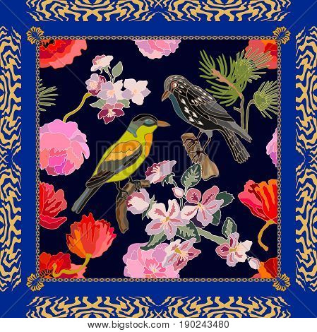 Silk scarf pattern with flowers, pine branches and fantasy birds. Chinese, Japanese, Korean motifs. Vintage textile collection. Black, blue, golden.