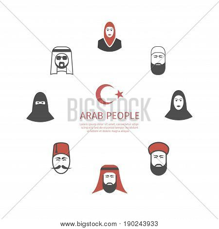 Muslim avatars icons set. Vector arab people