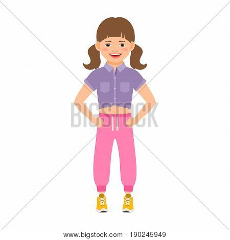 Girl in a pink pants and violet shirt isolated vector illustration on white background