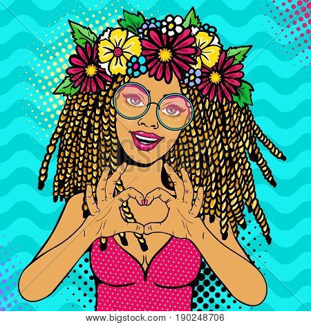 Sexy young sexy woman with open smile dreadlocks hairstyle and flowers on head in glasses shows love heart sign. Vector colorful invitation poster in pop art retro comic style.