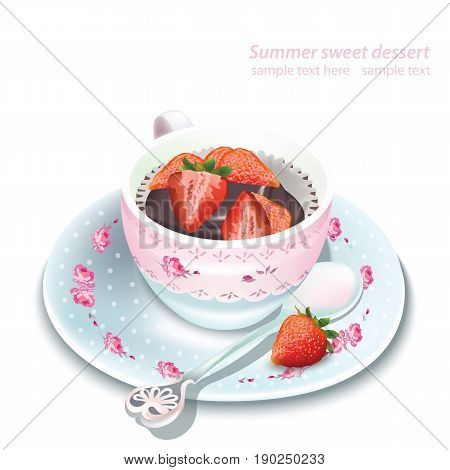 Vector chocolate strawberry mousse in a mug. Summer delicious dessert