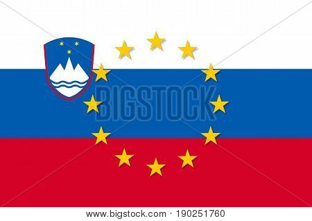 Slovenia national flag with a circle of European Union twelve gold stars, identity and unity with EU, member since 1 May 2004. Vector flat style illustration