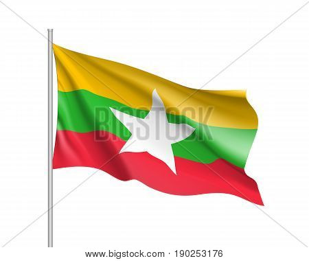 Union of Myanmar or Burma waving flag. Illustration of Asian country flag on flagpole. Vector 3d icon isolated on white background