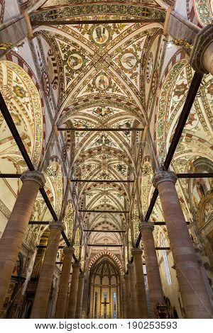 VERONA ITALY - MAY 1 2016 - Interior of Sant'Anastasia Church in Verona Italy. Sant'Anastasia is a church of the Dominican Order in Verona it was built in 1280 -1400