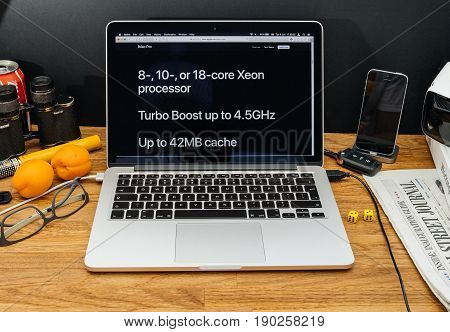 PARIS FRANCE - JUNE 6 2017: Apple Computers website on MacBook Retina in creative environment showcasing latest iMac Pro from Apple at WWDC 2017 - Xeon processor workstation and Turbo Boost