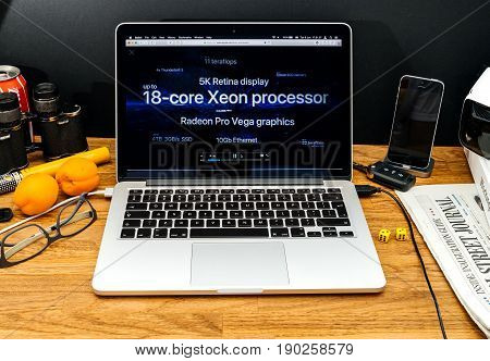 PARIS FRANCE - JUNE 6 2017: Apple Computers website on MacBook Retina in creative environment showcasing latest iMac Pro from Apple at WWDC 2017 - Radeon Vega Pro and 18-Core Xeon processor on iMac pro
