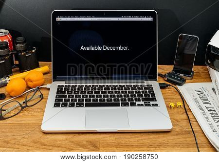 PARIS FRANCE - JUNE 6 2017: Apple Computers website on MacBook Retina in creative environment showcasing latest iMac Pro from Apple at WWDC 2017 - iMac pro available december