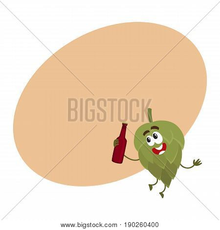 Funny beer hop character with smiling human face holding dark beer bottle, cartoon vector illustration with space for text. Cute and funny hop character, mascot with beer bottle