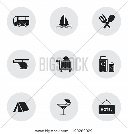 Set Of 9 Editable Travel Icons. Includes Symbols Such As Yacht, Cocktail, Motorbus And More. Can Be Used For Web, Mobile, UI And Infographic Design.