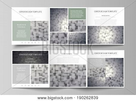 Set of business templates for tri fold square design brochures. Leaflet cover, abstract flat layout, easy editable vector. Pattern made from squares, gray background in geometrical style. Simple texture.