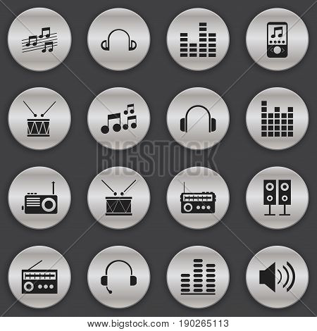 Set Of 16 Editable Melody Icons. Includes Symbols Such As Call Center, Musical Sign, Timpano And More. Can Be Used For Web, Mobile, UI And Infographic Design.