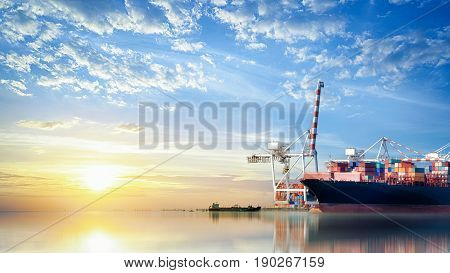 Logistics and transportation of International Container Cargo ship in the ocean at Sunset sky Freight Transportation Shipping