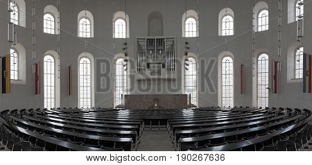 FRANKFURT, GERMANY-JUNE 07, 2017: Interior of the Paulskirche Plenary Hall, upper floor of the Frankfurt Paulskirche, Germany