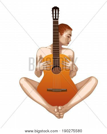 Naked beautiful girl with guitar on a white background. Vector drawing.