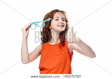 Woman in glasses, the girl is posing with glasses. Woman background glasses.