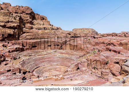 Aerial view of the theatre cut into the hillside in the ancient Petra Jordan