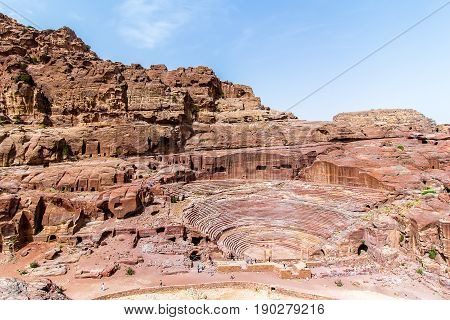 Aerial view of the theatre cut into the hillside in the ancient Petra Jordan