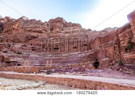 The theatre cut into the hillside in the ancient Petra Jordan