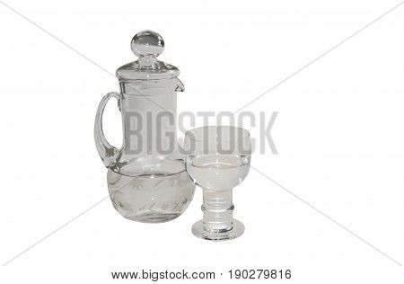Carafe and glass with clean water isolated on white.