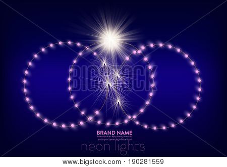 Vector illustration of a purple background with three circles of pink neon lights and light effect on the place of wire breakage. Banner, poster for advertising holiday discounts and sales