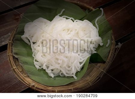 Thai Vermicelli Eaten With Curry, Thai Food, Rice Vermicelli In Basket With Banana Leaf, Still Life