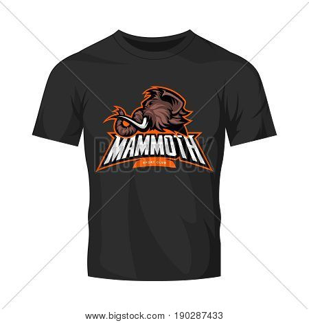Furious woolly mammoth head sport vector logo concept isolated on black t-shirt mock up. 
Modern professional mascot team badge design. Premium quality wild animal tee print illustration.