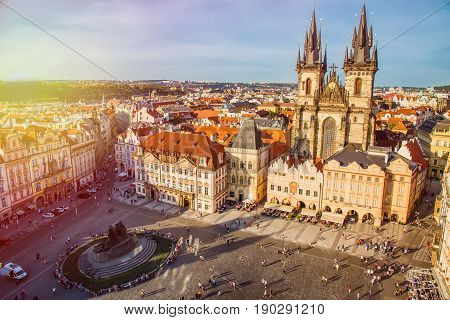 PRAGUE, CZECH REPUBLIC - MAY 2017: Buildings on the Old Town square Staromestska Namesti with Tyn Church in Prague during sunset, Czech Republic.