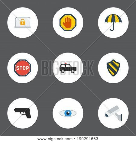 Flat Icons Camera, Vision, Road Sign And Other Vector Elements. Set Of Security Flat Icons Symbols Also Includes Weapon, Shot, Road Objects.