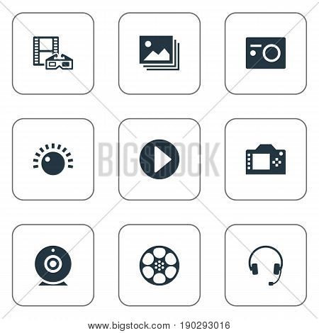 Vector Illustration Set Of Simple Media Icons. Elements Begin, Shine, Presentation And Other Synonyms Loudspeaker, Shine And Regulation.