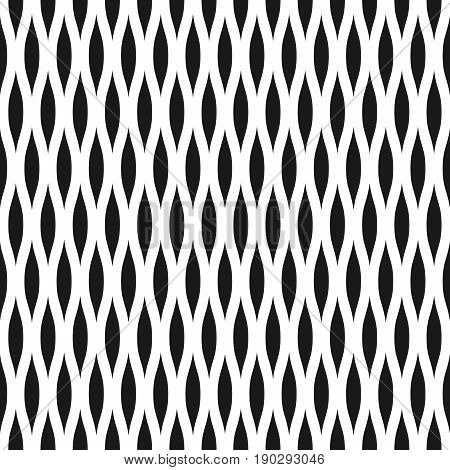 Wavy seamless pattern background in black and white. Vintage and retro abstract ornamental design of spiky ovals or lens shape. Simple flat vector illustration.