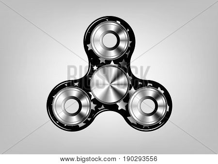 Fidget spinner icon - toy for stress relief and improvement of attention span. Filled metallic whit stars