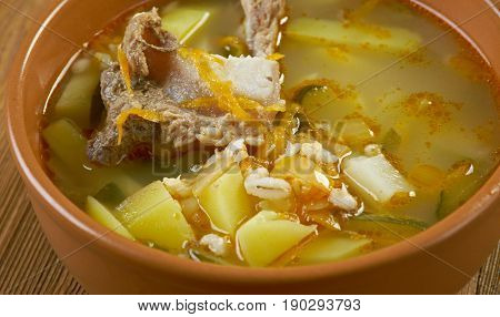 Rassolnik traditional Russian pickle soup. close up.
