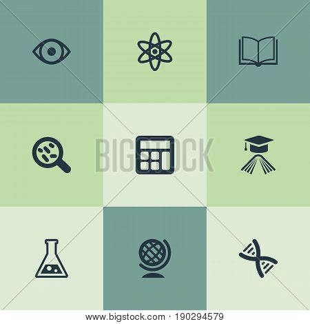 Vector Illustration Set Of Simple Study Icons. Elements Book, Helix, Atom And Other Synonyms Bacterium, Library And Counting.